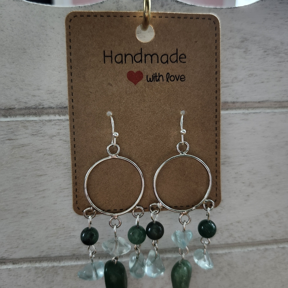Handmade Silver Earrings Dangled With Genuine Aventurine And Aquamarine Stones